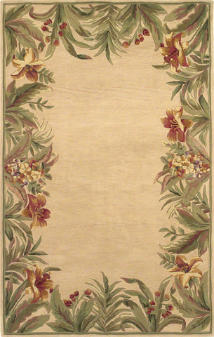 4' X 6' Beige Red And Green Wool Tropical Floral Hand Tufted Area Rug