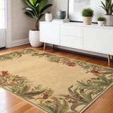 4' X 6' Beige Red And Green Wool Tropical Floral Hand Tufted Area Rug