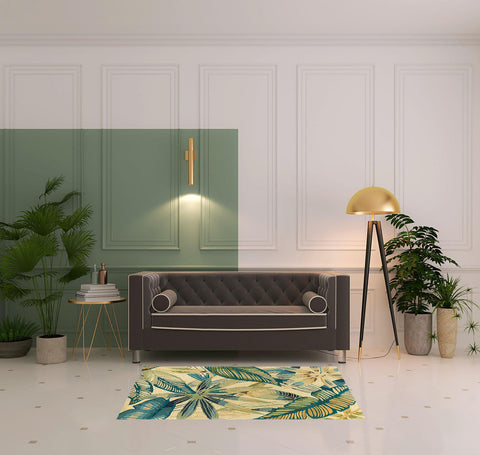 3' X 5' Ivory Teal And Green Wool Tropical Botanical Hand Tufted Area Rug