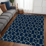 5' X 7' Navy Blue And Ivory Geometric Hand Hooked Area Rug