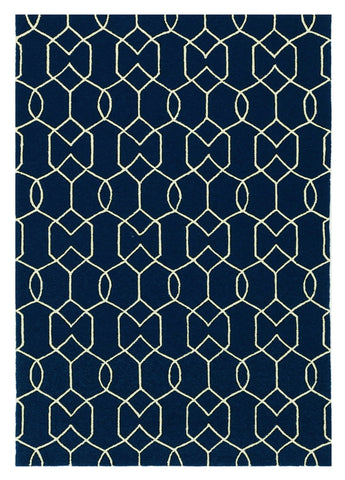5' X 7' Navy Blue And Ivory Geometric Hand Hooked Area Rug