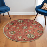 6' Sienna Gold And Green New Zealand Lambs Wool Floral Vines Hand Tufted Round Rug