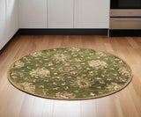 5' Green Red And Ivory New Zealand Lambs Wool Floral Medallion Hand Tufted Round Rug