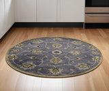 6' Dark Gray Green And Brown New Zealand Lambs Wool Floral Hand Tufted Round Rug