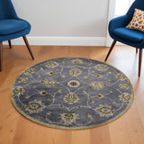 6' Dark Gray Green And Brown New Zealand Lambs Wool Floral Hand Tufted Round Rug
