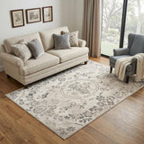 5' X 8' Gray And Tan Floral Distressed Area Rug