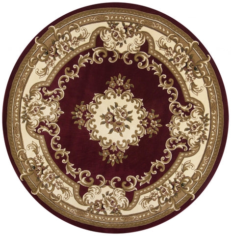 7' Red and Ivory Floral Border Round Rug