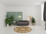 8' Beige Ivory Machine Woven Hand Carved Floral Medallion Round Indoor Area Rug