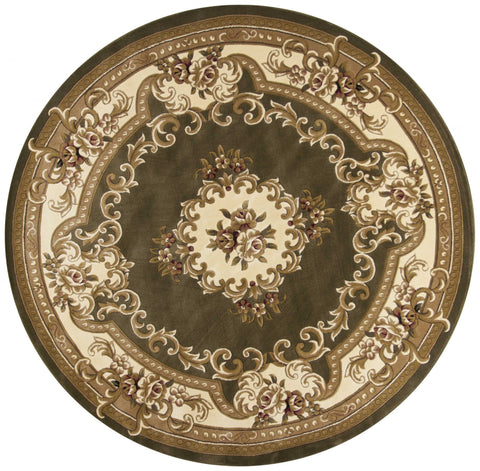 7' Green And Ivory Floral Medallion Round Rug