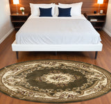 7' Green And Ivory Floral Medallion Round Rug