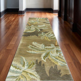 10' Moss Green And Yellow Wool Tropical Botanical Hand Tufted Runner Rug