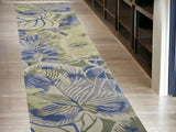 10' Blue And Green Wool Botanical Leaves Hand Tufted Runner Rug