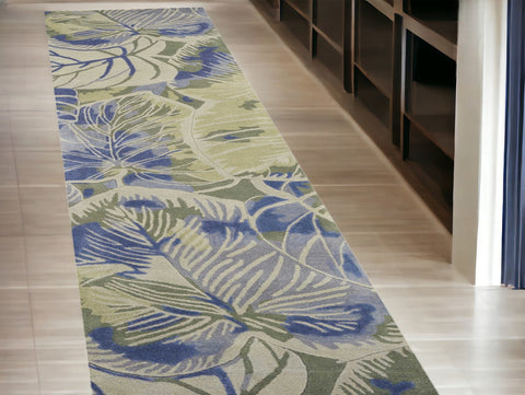 10' Blue And Green Wool Botanical Leaves Hand Tufted Runner Rug