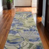 10' Blue Green And Beige Wool Tropical Botanical Hand Tufted Runner Rug