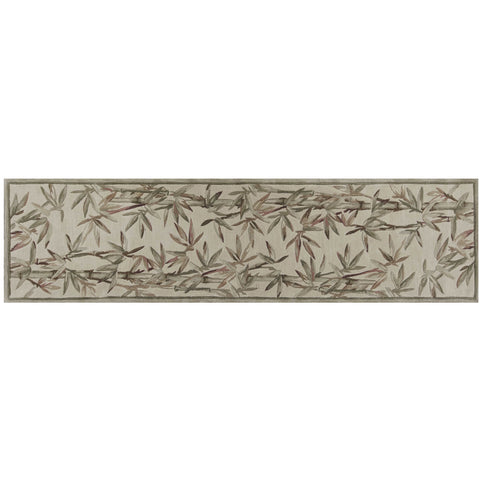 10' Ivory Green And Brown Wool Botanical Leaves Hand Tufted Runner Rug