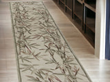 10' Ivory Green And Brown Wool Botanical Leaves Hand Tufted Runner Rug