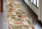 10' Beige Green And Pink Wool Botanical Leaves Hand Tufted Runner Rug