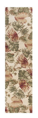 10' Beige Green And Pink Wool Botanical Leaves Hand Tufted Runner Rug