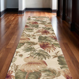 10' Beige Green And Pink Wool Botanical Leaves Hand Tufted Runner Rug