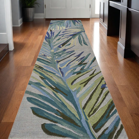 10' Gray And Blue Wool Tropical Botanical Hand Tufted Runner Rug