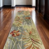 10' Blue And Green Wool Tropical Botanical Hand Tufted Runner Rug