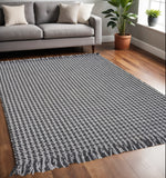 5' X 8' Gray And Light Gray Wool Houndstooth Hand Woven Area Rug With Fringe