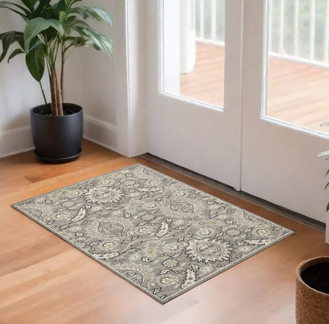 2' X 4' Gray And Ivory Floral Medallion Area Rug