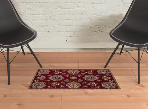 2' X 3' Red And Ivory Floral Medallion Area Rug