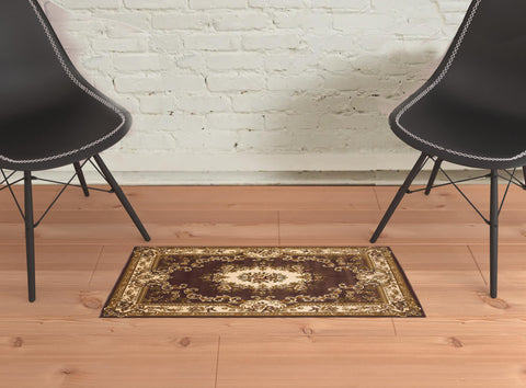 2' X 3' Plum And Ivory Floral Medallion Area Rug