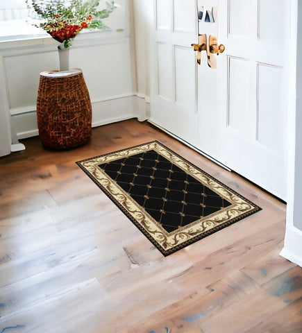 2' X 3' Brown Black And Ivory Floral Vines Area Rug