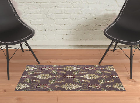 2' X 3' Plum And White Floral Area Rug