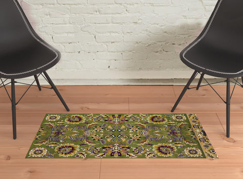 2' X 3' Green Taupe And Ivory Floral Medallion Area Rug