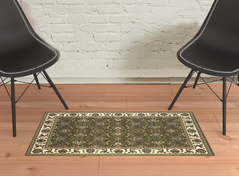 2' X 3' Green And Ivory Floral Area Rug