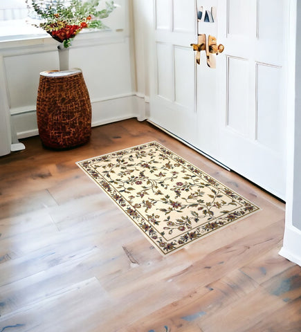 2' X 3' Ivory Green And Red Floral Vines Area Rug