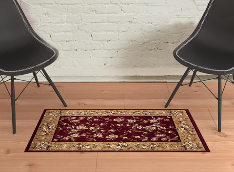 2' X 3' Red And Beige Floral Area Rug