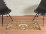2' X 3' Beige Ivory And Brown Floral Medallion Area Rug
