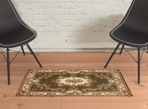 2' X 3' Green Ivory Machine Woven Hand Carved Floral Medallion Indoor Accent Rug