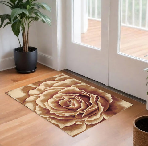 2' X 3' Ivory Brown And Red Floral Area Rug