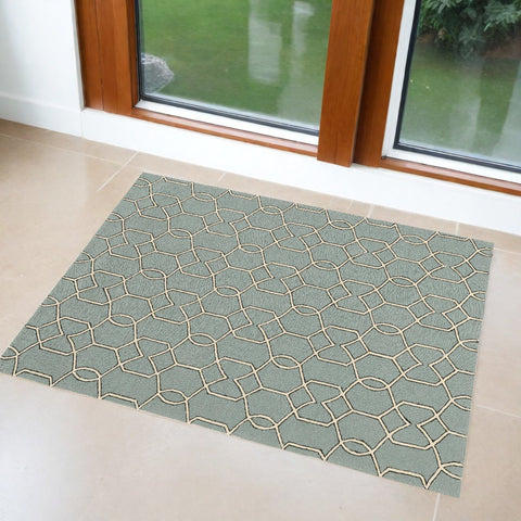 2' X 3' Green and Ivory Hand Hooked Area Rug