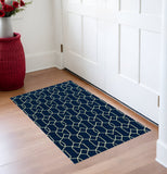 2' X 3' Navy Blue And Ivory Geometric Hand Hooked Area Rug