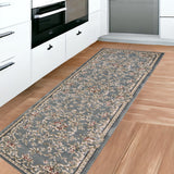 8' Slate Blue Red And Ivory Floral Medallion Runner Rug