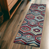 7' Red And Blue Geometric Runner Rug