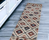 8' Ivory Red And Gray Southwestern Runner Rug