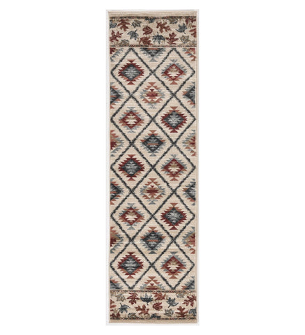 8' Ivory Red And Gray Southwestern Runner Rug