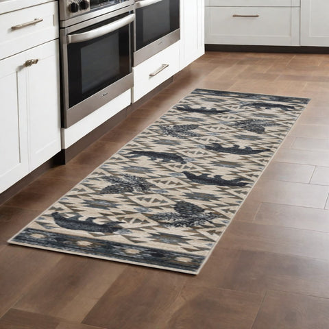 7' Ivory And Gray Woodland Lodge Runner Rug