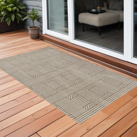 3' X 5' Beige And Ivory Geometric Indoor Outdoor Area Rug