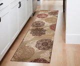 8' Sage Brown And Ivory Floral Medallion Runner Rug
