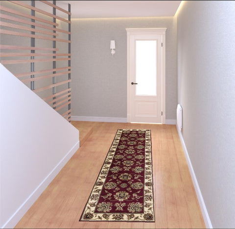 8' Red And Ivory Floral Medallion Runner Rug