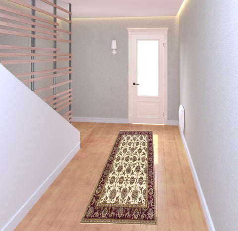8' Red Ivory And Brown Floral Medallion Runner Rug