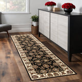 8' Black Ivory And Brown Floral Medallion Runner Rug
